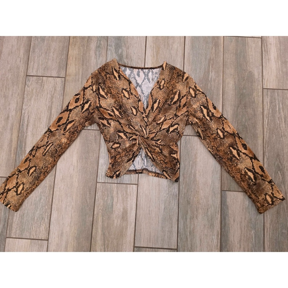 SHEIN Women Brown Snakeskin Print Twist Front V-Neck Long Sleeve Crop Top Size M